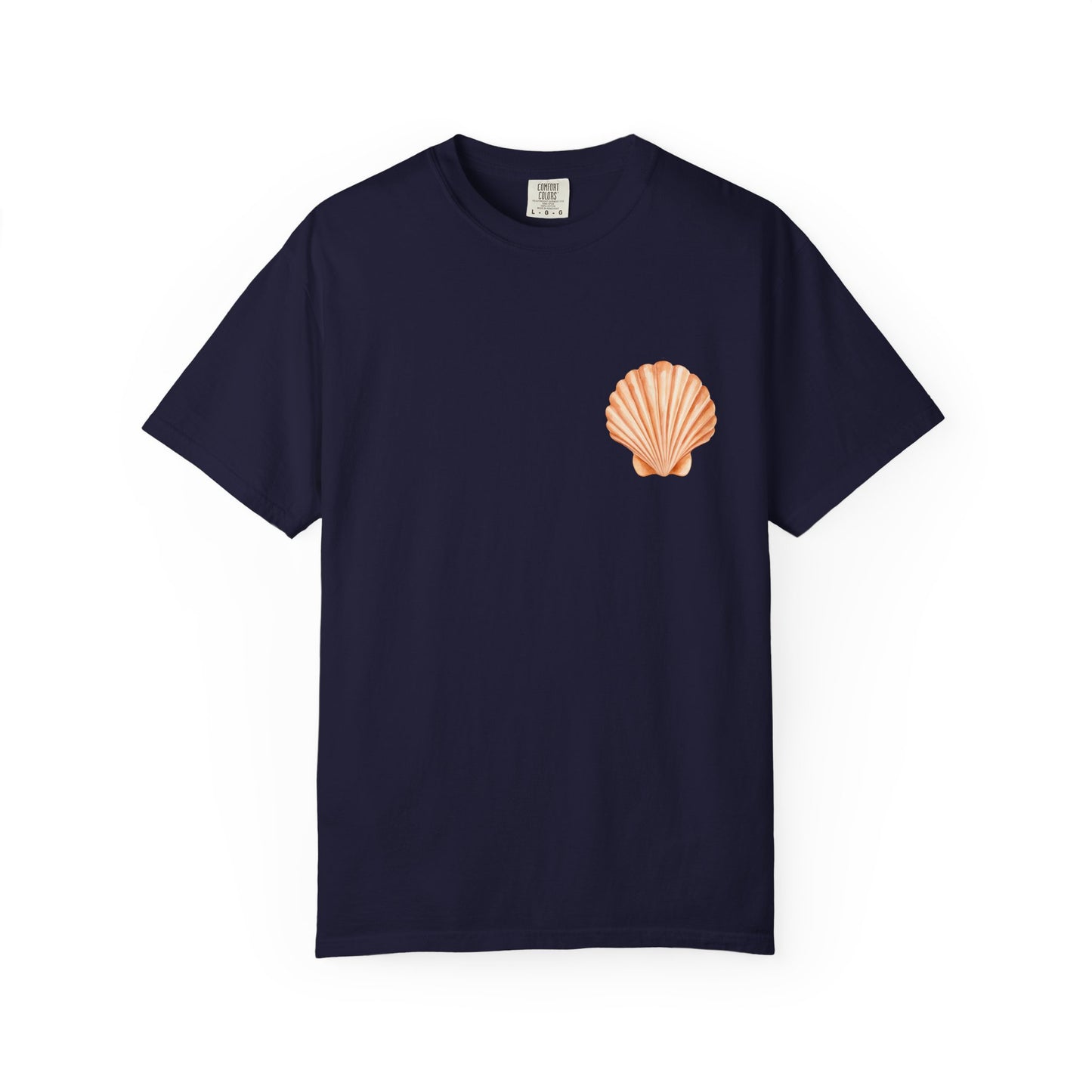 Shell Pocket T-Shirt — Minimal Beach Tee with Orange Seashell