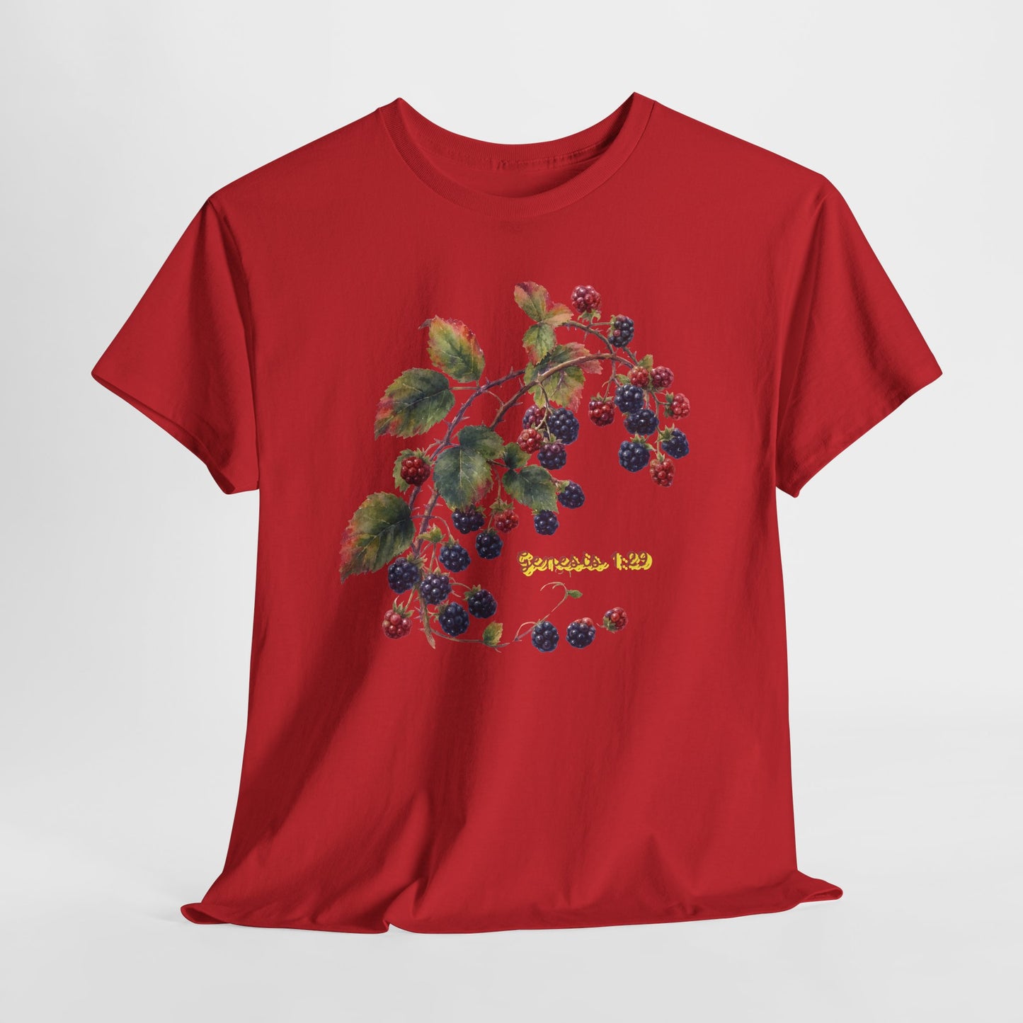 Blackberry Branch T-Shirt — Botanical Berry Illustration with "Genesis 1:29"