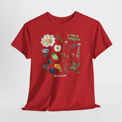 Botanical Fruit & Flower Tee — Watercolor Garden Illustration T-Shirt Genesis 1:29