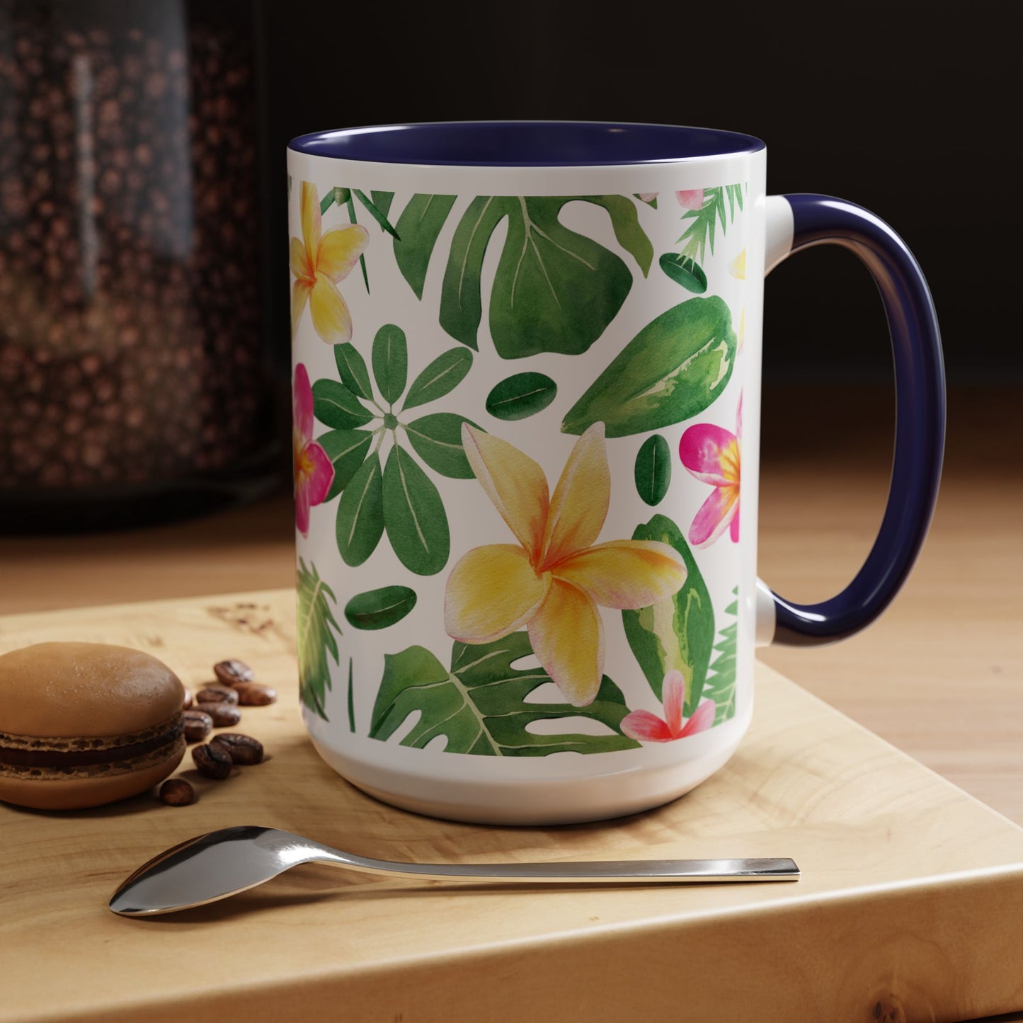 Tropical Floral Coffee Mug — Plumeria & Palm Accent Mug (11/15oz)