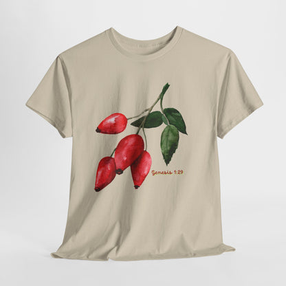 Rosehip Botanical Tee — Illustrated Rose Hips with Jeremiah 1:9 Scripture Accent