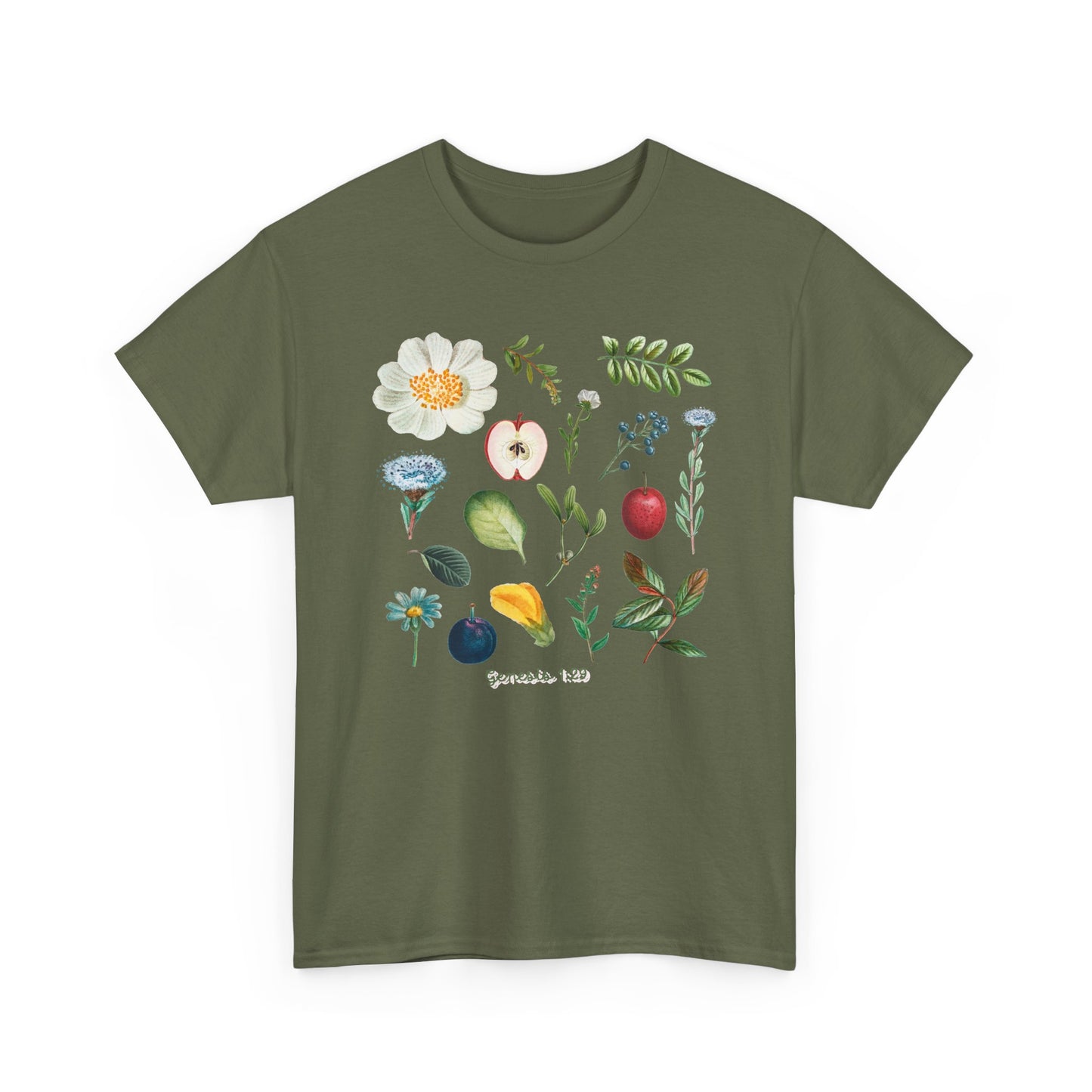 Botanical Fruit & Flower Tee — Watercolor Garden Illustration T-Shirt Genesis 1:29