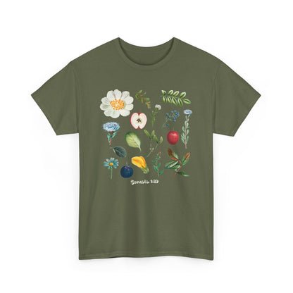 Botanical Fruit & Flower Tee — Watercolor Garden Illustration T-Shirt Genesis 1:29