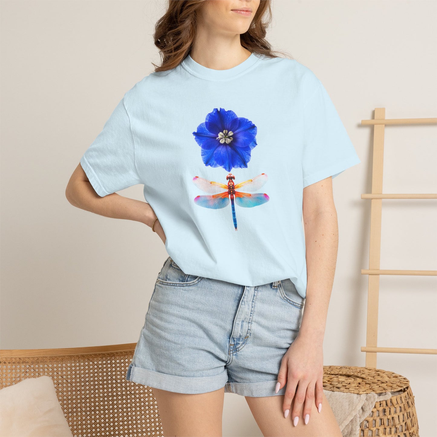 Dragonfly & Blue Blossom T-Shirt — Floral Nature Graphic Tee