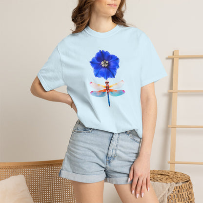 Dragonfly & Blue Blossom T-Shirt — Floral Nature Graphic Tee