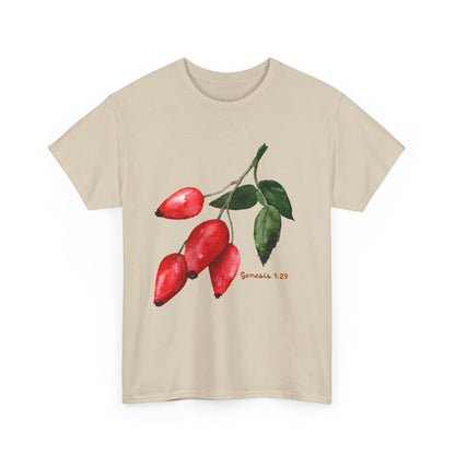 Rosehip Botanical Tee — Illustrated Rose Hips with Jeremiah 1:9 Scripture Accent