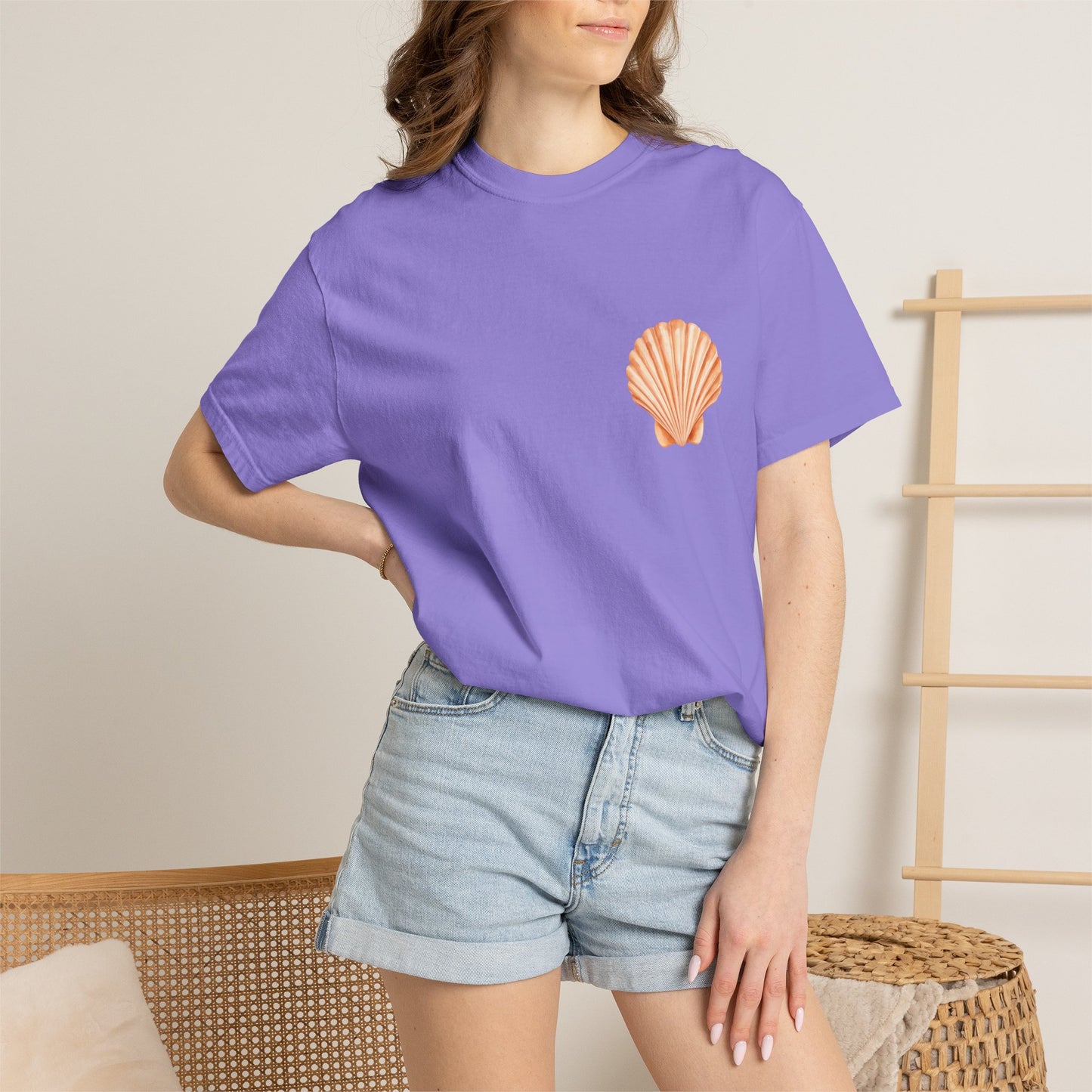 Shell Pocket T-Shirt — Minimal Beach Tee with Orange Seashell