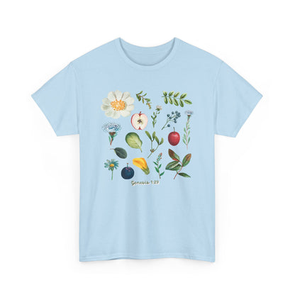 Botanical Fruit & Flower Tee — Watercolor Garden Illustration T-Shirt Genesis 1:29
