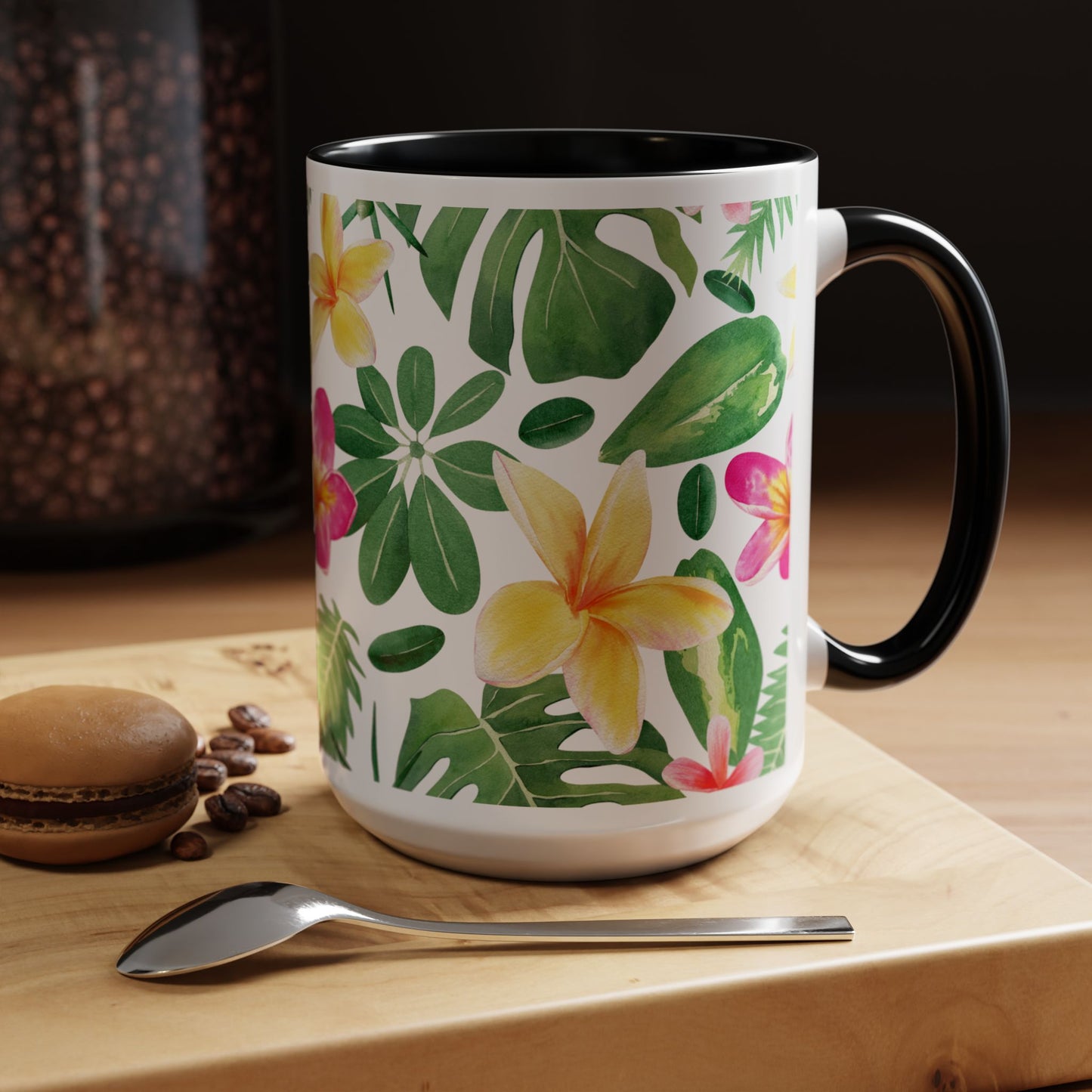 Tropical Floral Coffee Mug — Plumeria & Palm Accent Mug (11/15oz)