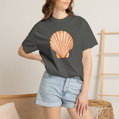 Shell Pocket T-Shirt — Minimal Beach Tee with Orange Seashell