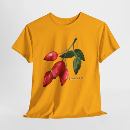 Rosehip Botanical Tee — Illustrated Rose Hips with Jeremiah 1:9 Scripture Accent