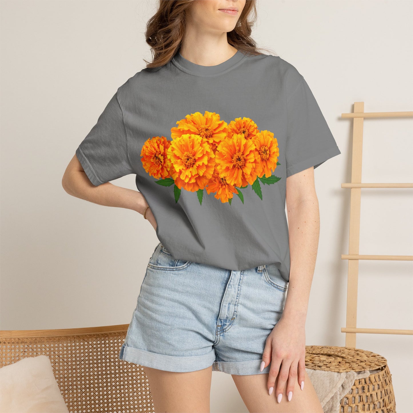 Marigold Blooms T-Shirt — Vibrant Floral Graphic Tee