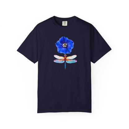 Dragonfly & Blue Blossom T-Shirt — Floral Nature Graphic Tee