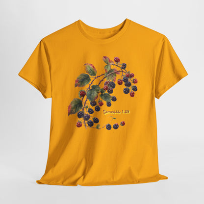 Blackberry Branch T-Shirt — Botanical Berry Illustration with "Genesis 1:29"