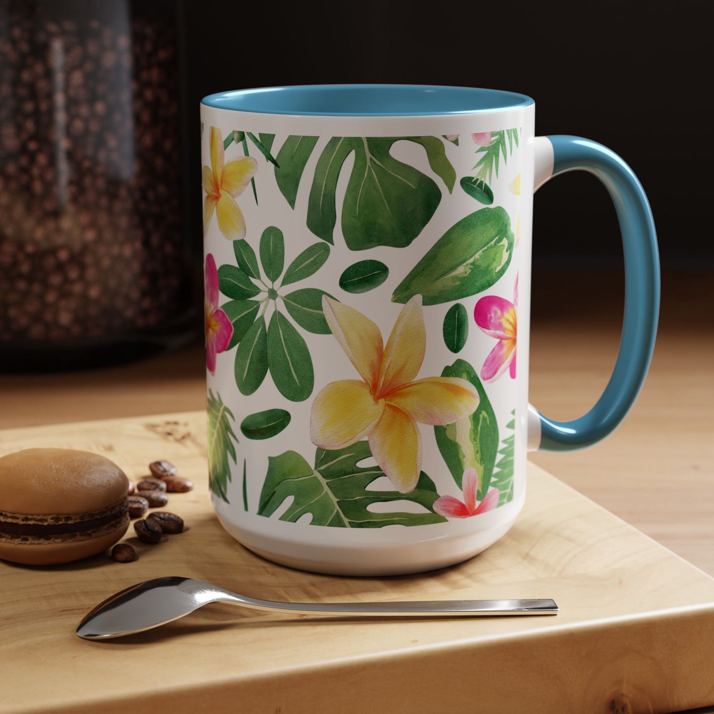 Tropical Floral Coffee Mug — Plumeria & Palm Accent Mug (11/15oz)