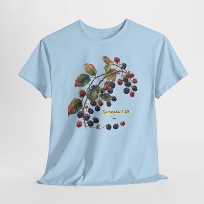 Blackberry Branch T-Shirt — Botanical Berry Illustration with "Genesis 1:29"
