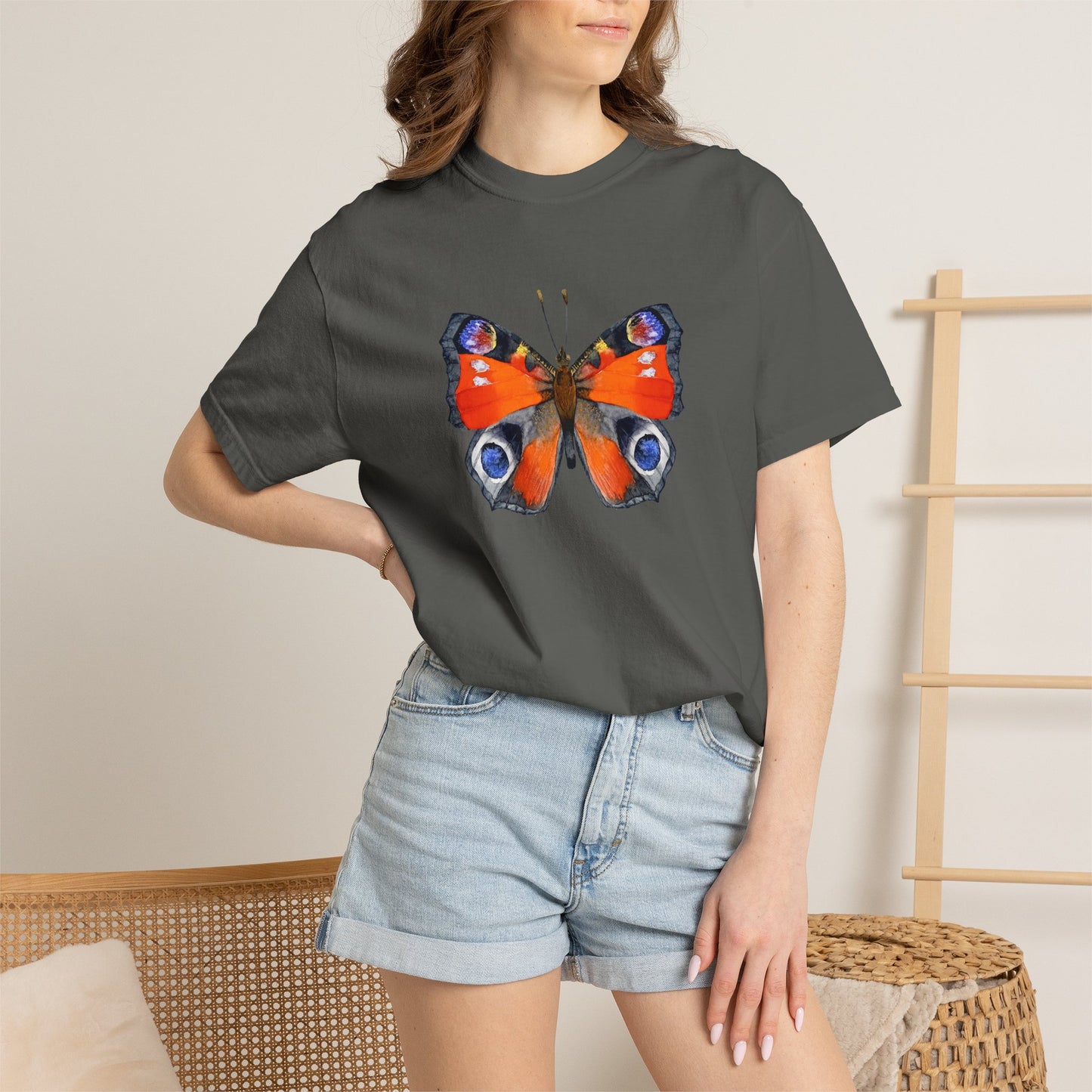 Butterfly Graphic T-Shirt — Vibrant Peacock Butterfly Print on Natural Tee