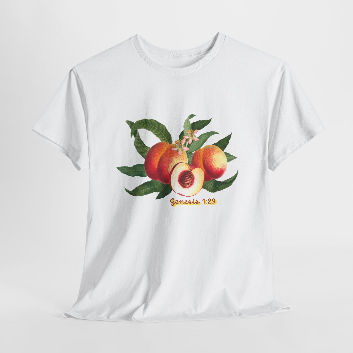 Peach Botanical Tee — Vintage Fruit Illustration T-Shirt ("Genesis 1:29")