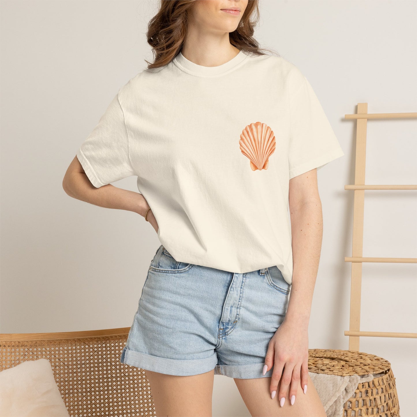Shell Pocket T-Shirt — Minimal Beach Tee with Orange Seashell