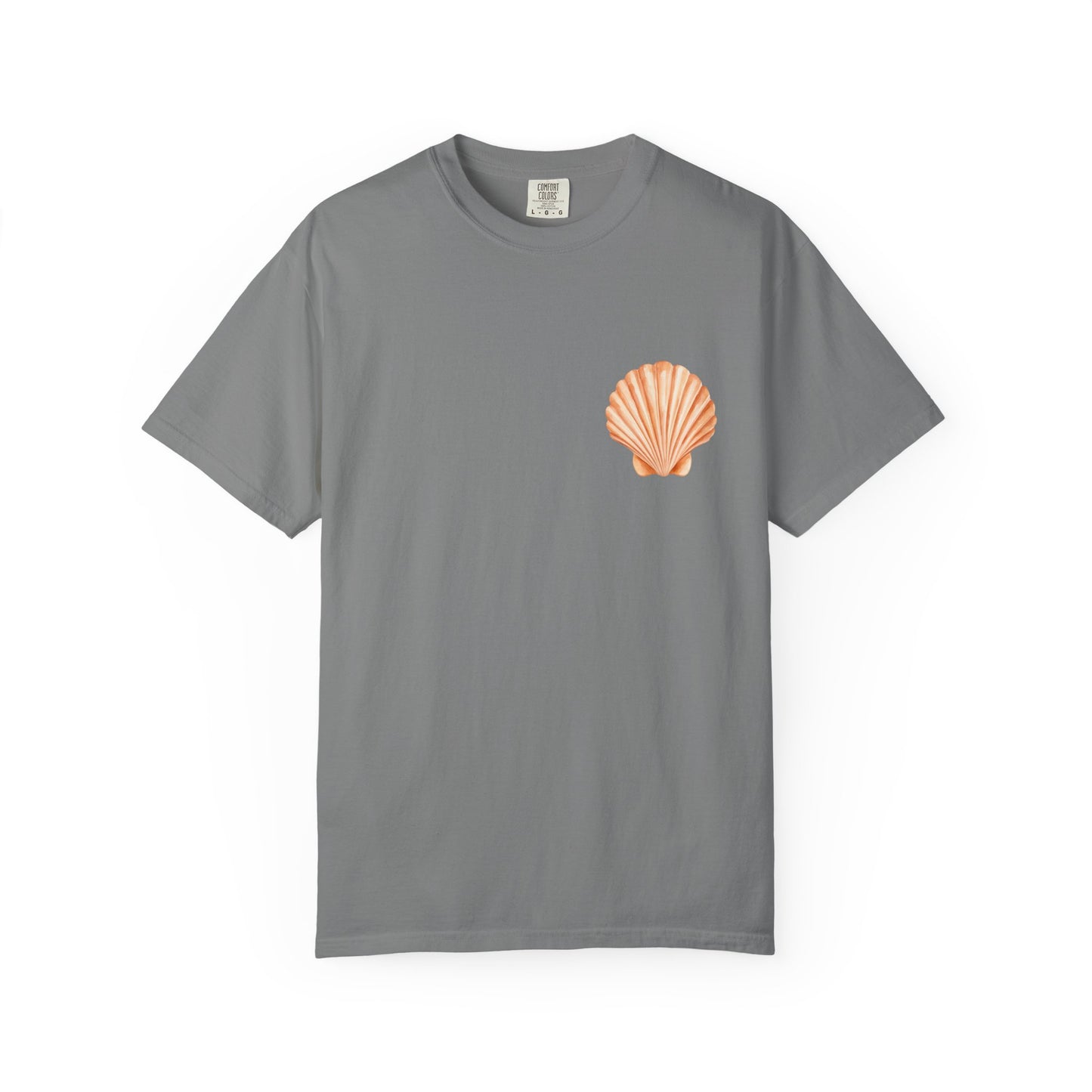 Shell Pocket T-Shirt — Minimal Beach Tee with Orange Seashell