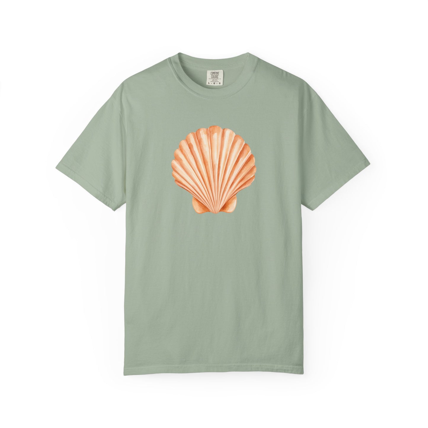 Shell Pocket T-Shirt — Minimal Beach Tee with Orange Seashell