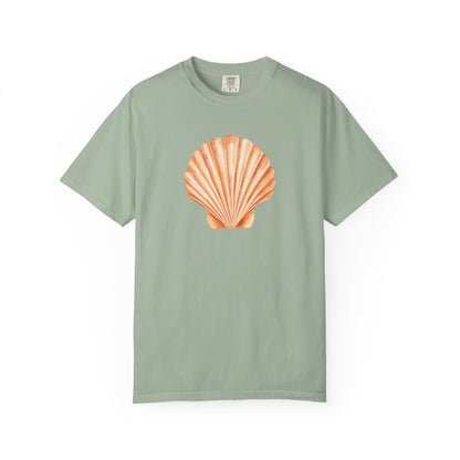 Shell Pocket T-Shirt — Minimal Beach Tee with Orange Seashell
