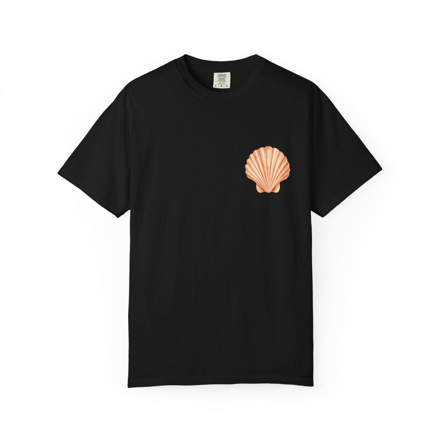 Shell Pocket T-Shirt — Minimal Beach Tee with Orange Seashell