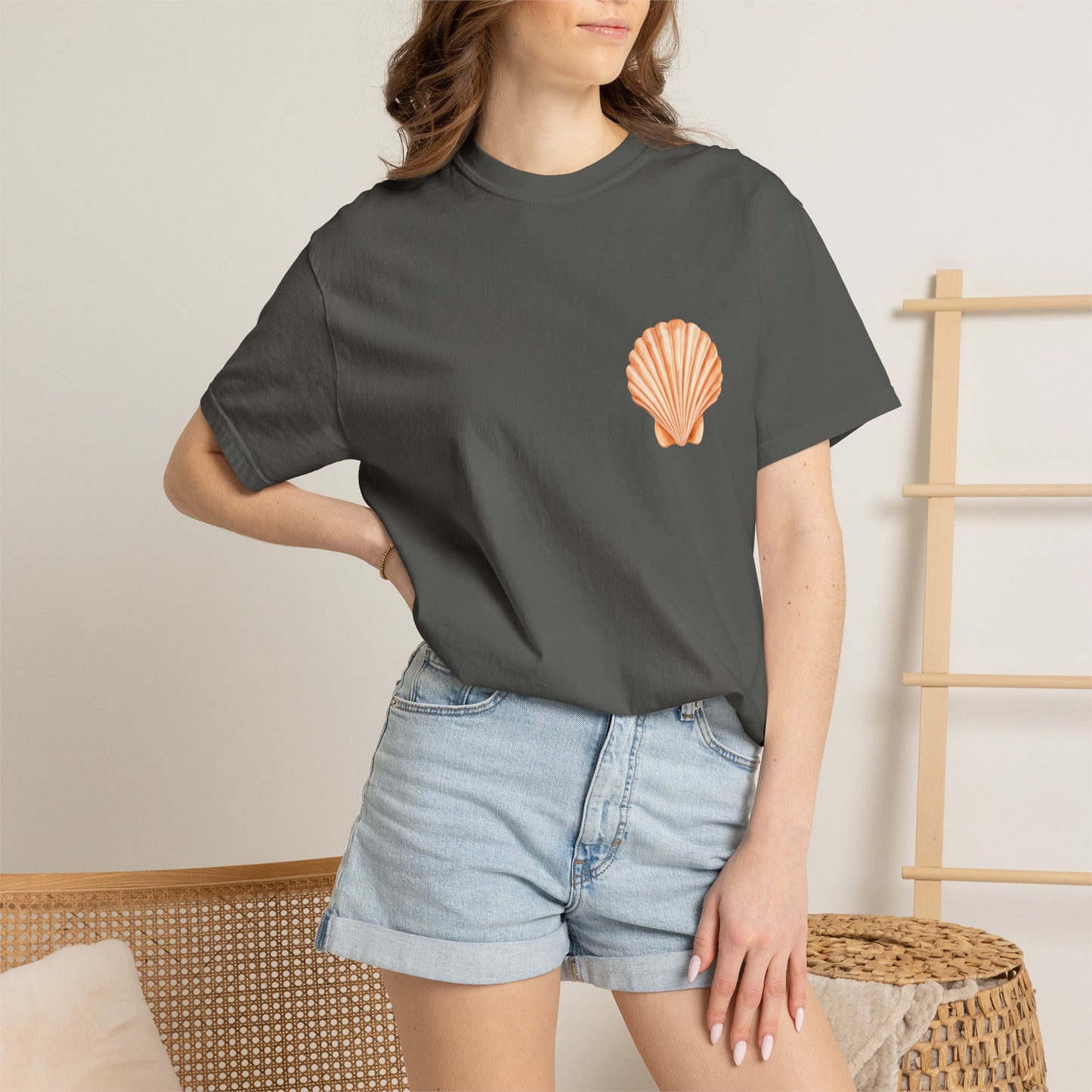 Shell Pocket T-Shirt — Minimal Beach Tee with Orange Seashell