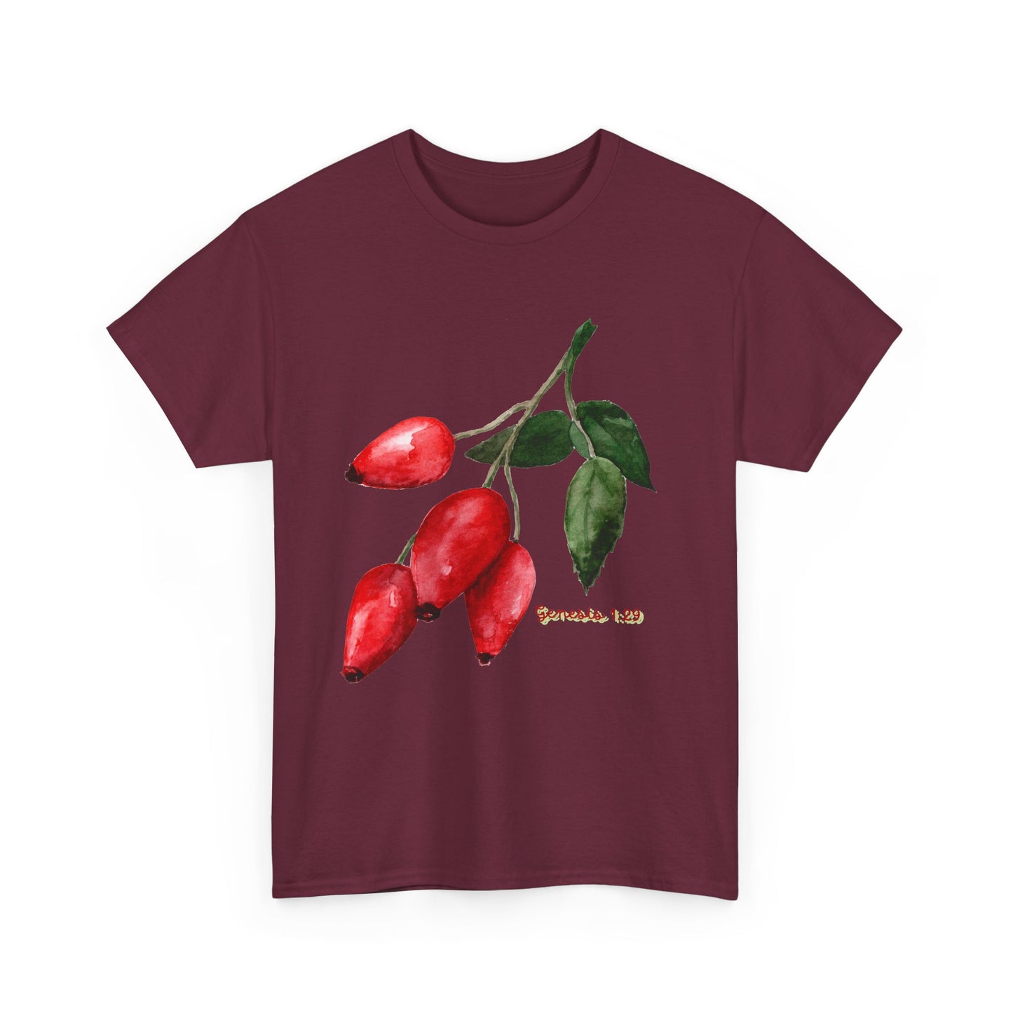 Rosehip Botanical Tee — Illustrated Rose Hips with Jeremiah 1:9 Scripture Accent