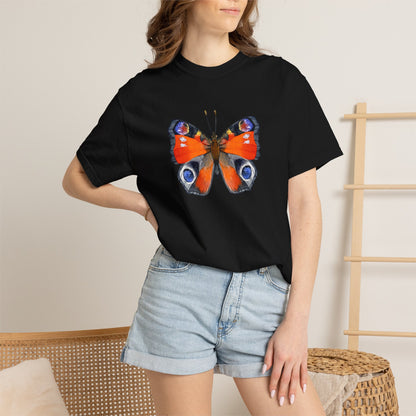 Butterfly Graphic T-Shirt — Vibrant Peacock Butterfly Print on Natural Tee