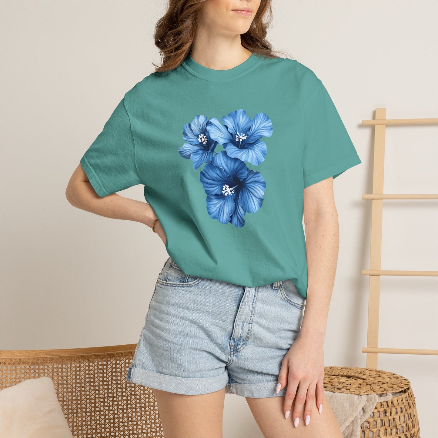 Blue Hibiscus Floral T-Shirt — Watercolor Flower Graphic Tee