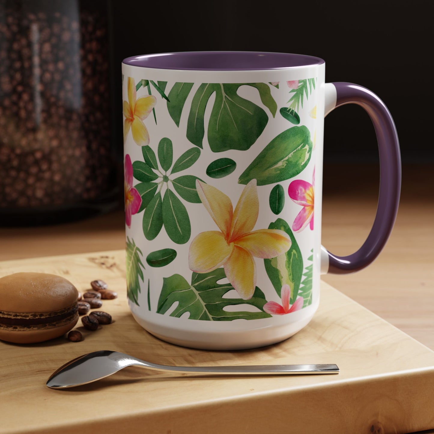 Tropical Floral Coffee Mug — Plumeria & Palm Accent Mug (11/15oz)