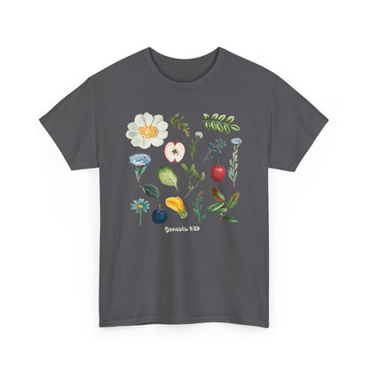 Botanical Fruit & Flower Tee — Watercolor Garden Illustration T-Shirt Genesis 1:29