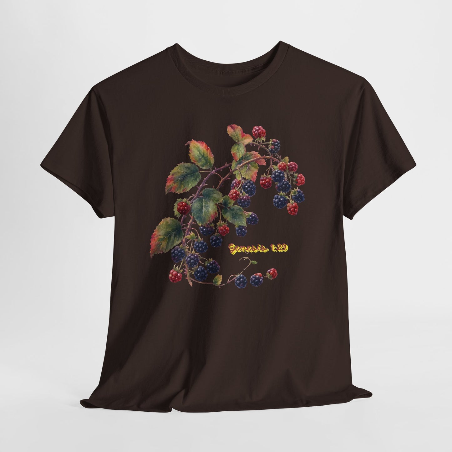 Blackberry Branch T-Shirt — Botanical Berry Illustration with "Genesis 1:29"