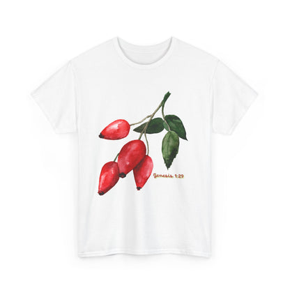 Rosehip Botanical Tee — Illustrated Rose Hips with Jeremiah 1:9 Scripture Accent