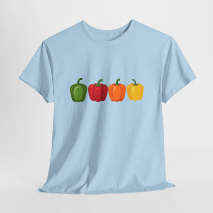 Bell Pepper Graphic Tee — Colorful Green Red Orange Yellow Peppers Shirt
