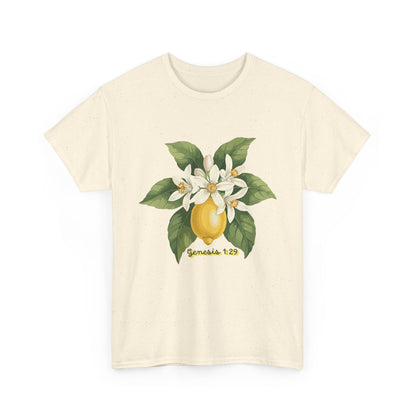 T-Shirt — Lemon Blossom Graphic Tee with 'Genesis 1:29' Scripture
