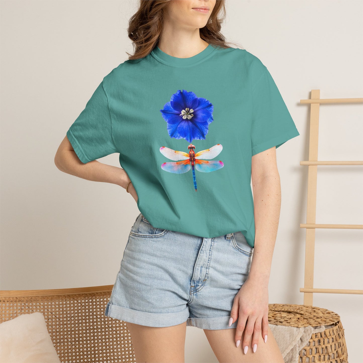 Dragonfly & Blue Blossom T-Shirt — Floral Nature Graphic Tee