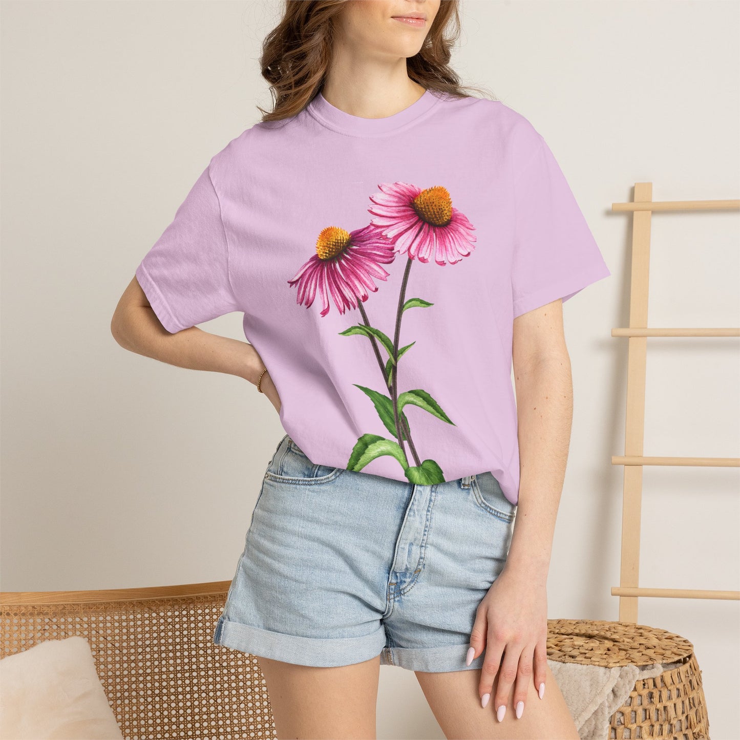 Floral Coneflower T-Shirt — Pink Echinacea Botanical Tee