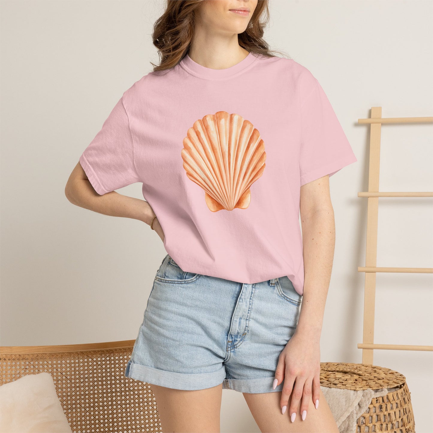 Shell Pocket T-Shirt — Minimal Beach Tee with Orange Seashell
