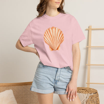 Shell Pocket T-Shirt — Minimal Beach Tee with Orange Seashell