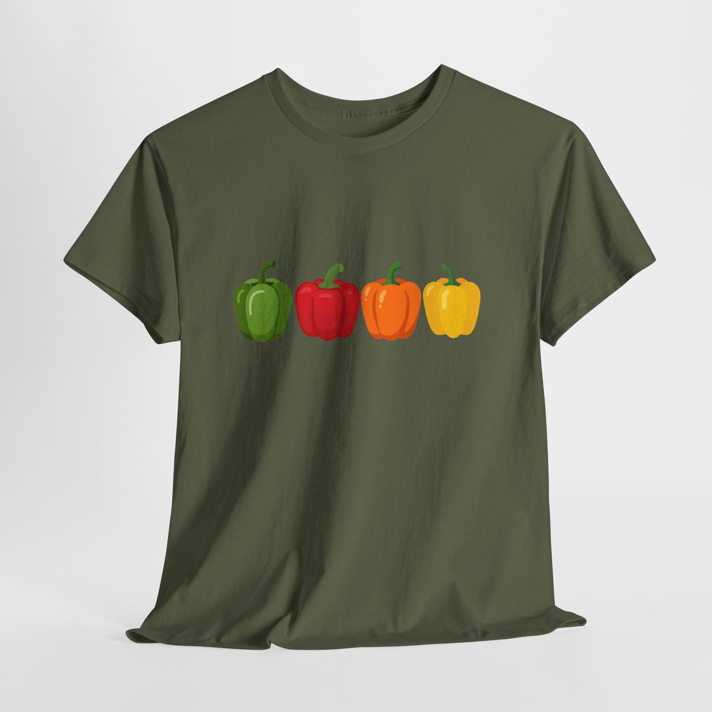 Bell Pepper Graphic Tee — Colorful Green Red Orange Yellow Peppers Shirt