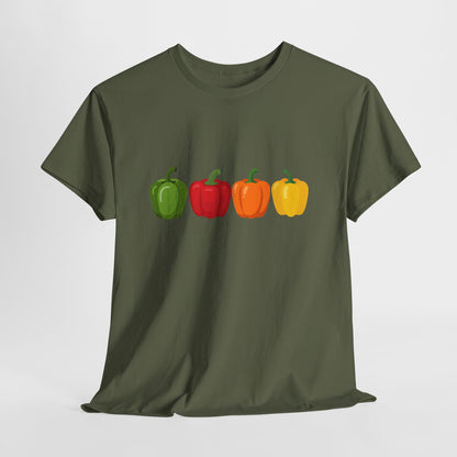 Bell Pepper Graphic Tee — Colorful Green Red Orange Yellow Peppers Shirt