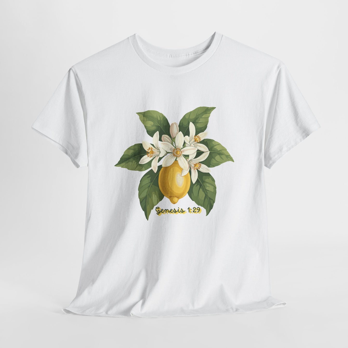 T-Shirt — Lemon Blossom Graphic Tee with 'Genesis 1:29' Scripture