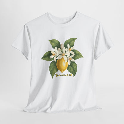 T-Shirt — Lemon Blossom Graphic Tee with 'Genesis 1:29' Scripture