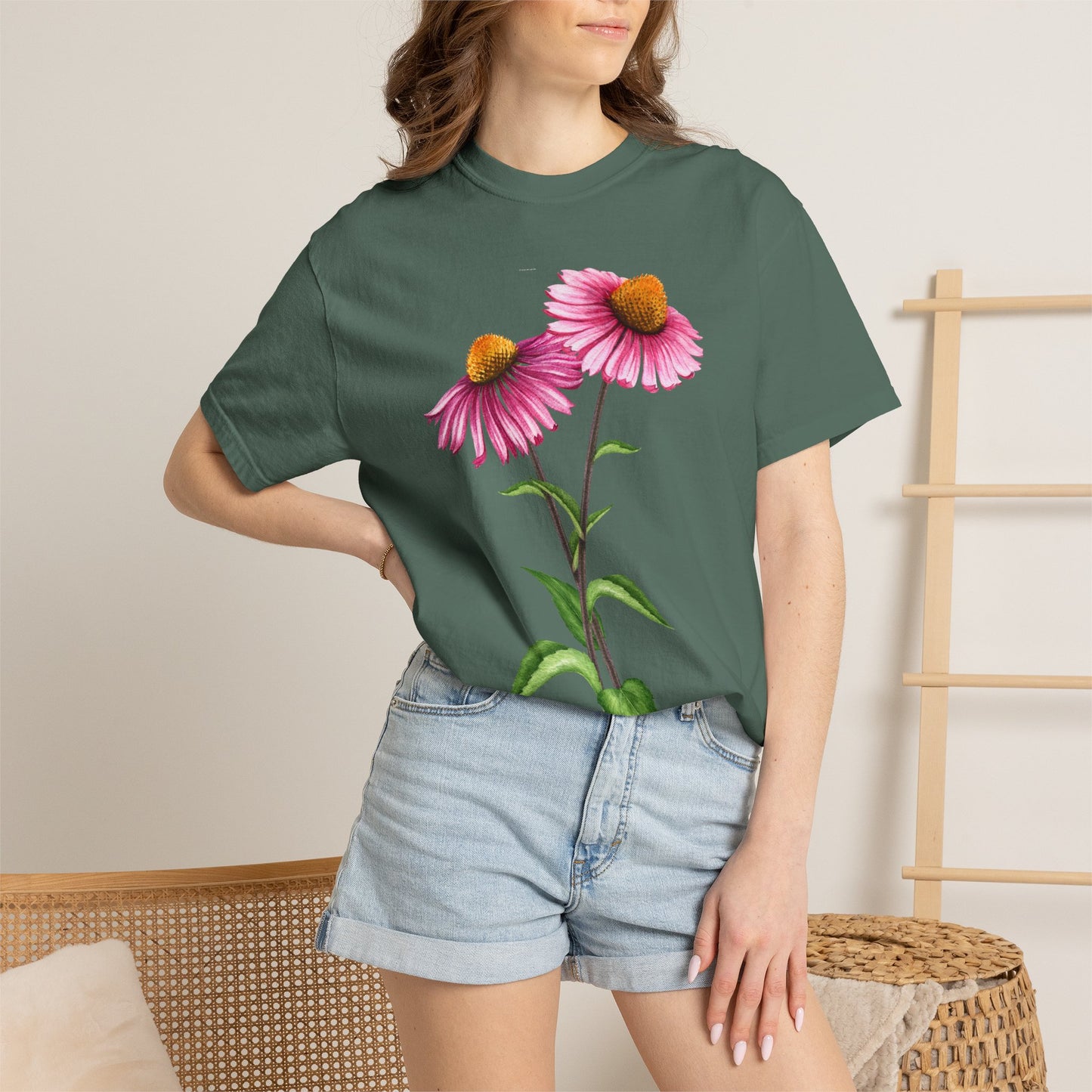Floral Coneflower T-Shirt — Pink Echinacea Botanical Tee