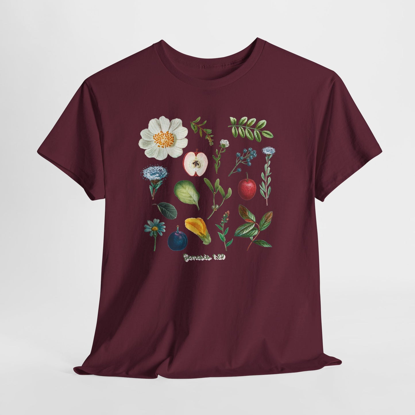 Botanical Fruit & Flower Tee — Watercolor Garden Illustration T-Shirt Genesis 1:29