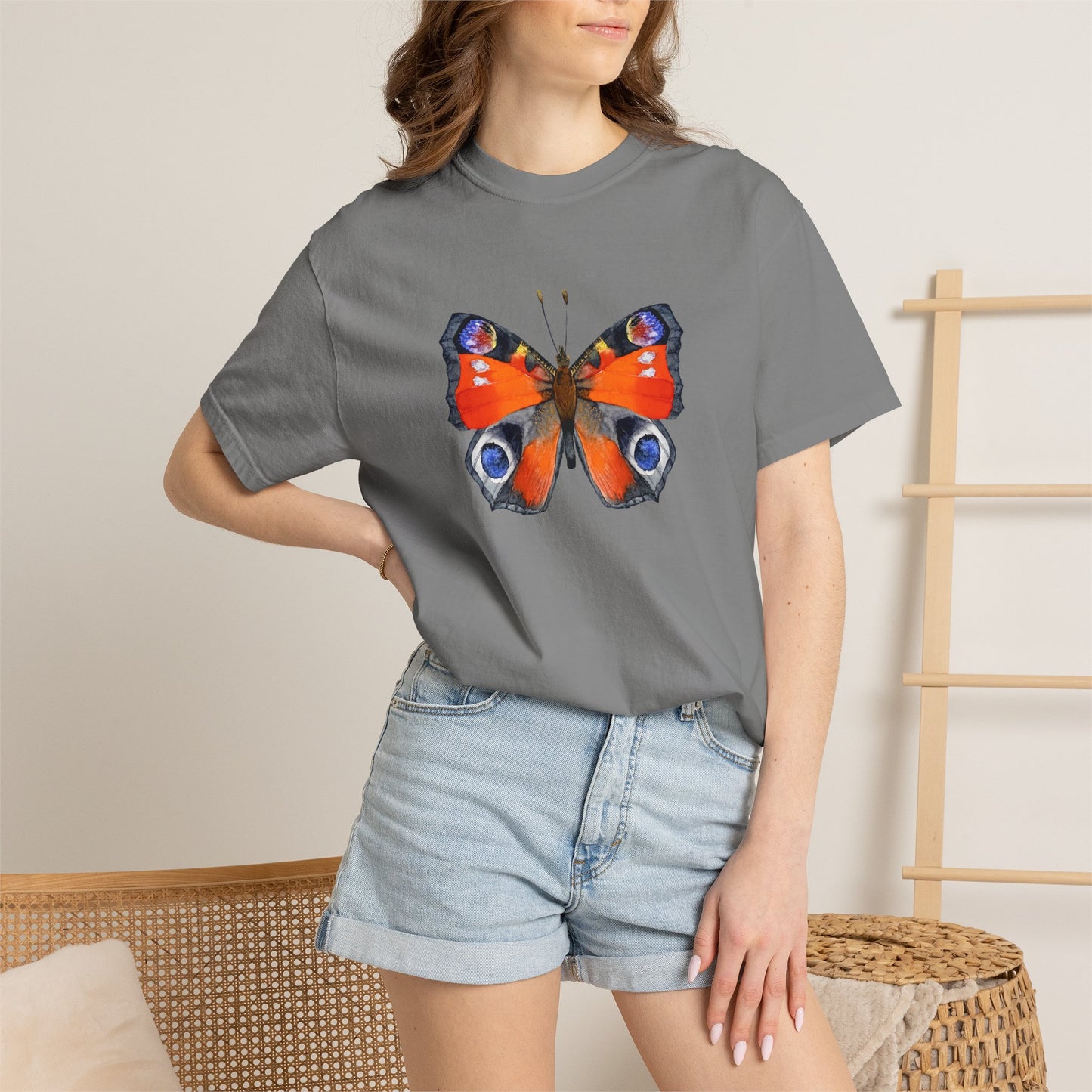 Butterfly Graphic T-Shirt — Vibrant Peacock Butterfly Print on Natural Tee