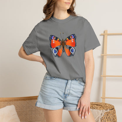 Butterfly Graphic T-Shirt — Vibrant Peacock Butterfly Print on Natural Tee