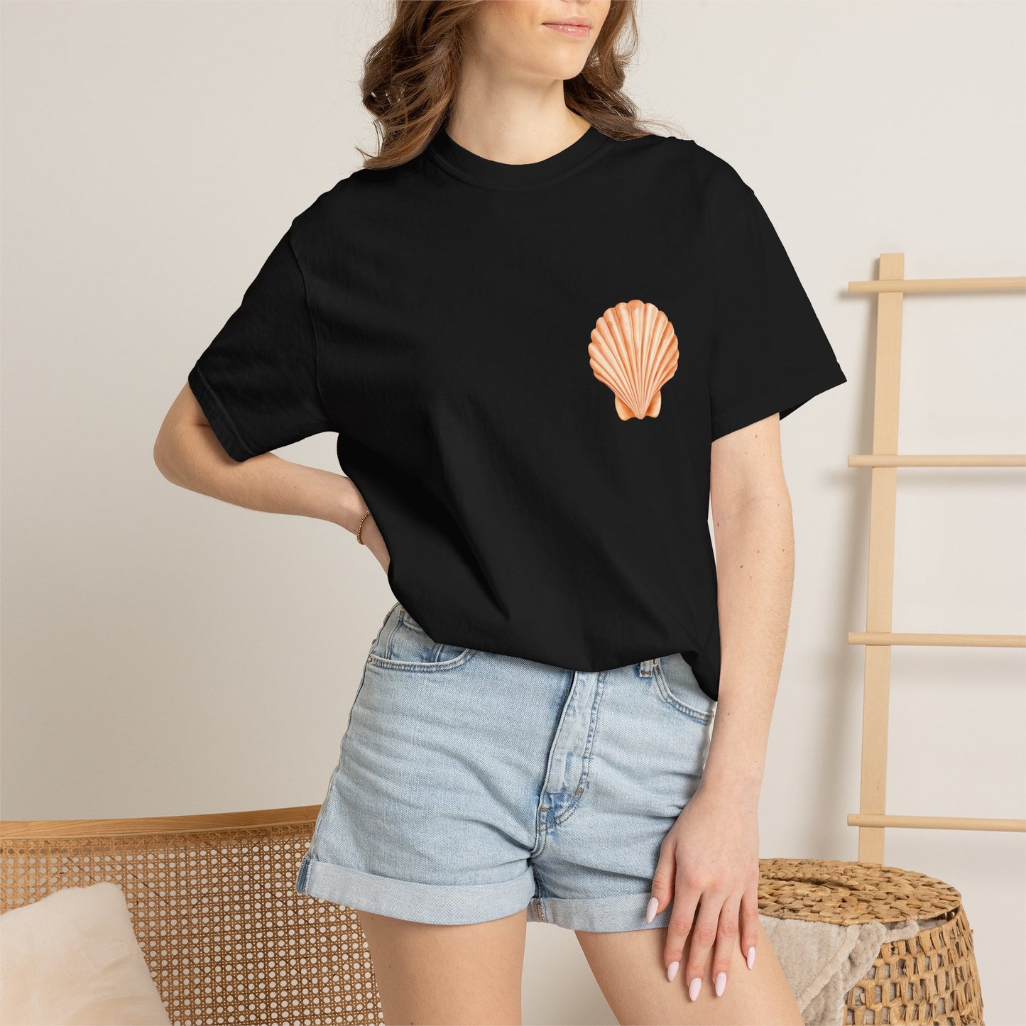 Shell Pocket T-Shirt — Minimal Beach Tee with Orange Seashell